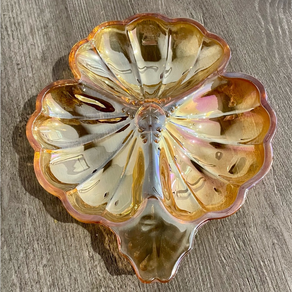 Vintage Marigold Carnival Glass Clover-Shaped Candy Dish